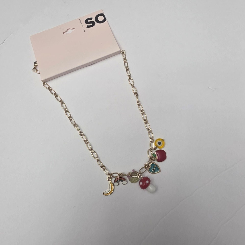SO Gold Tone Charm‎ Necklace Banana Rainbow Evil Eye Mushroom Apple Love Heart